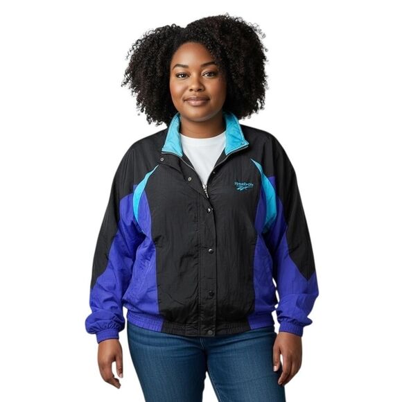 Vintage Reebok Jacket Womens Large Black Purple Blue Windbreaker 90s Track Coat - Picture 13 of 13